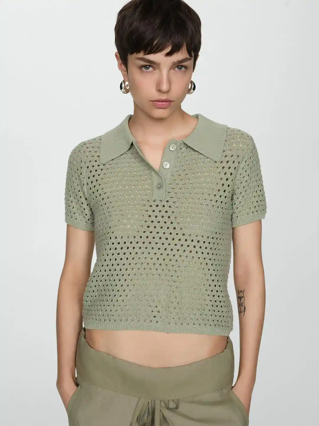 MANGO Open Knit Sheer Polo Collar T-shirt