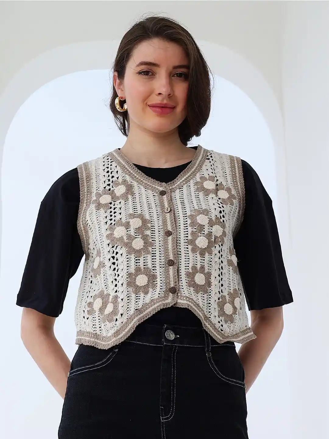 Buy Boho By Athena Floral Self Design V-Neck Cotton Crochet Jacket