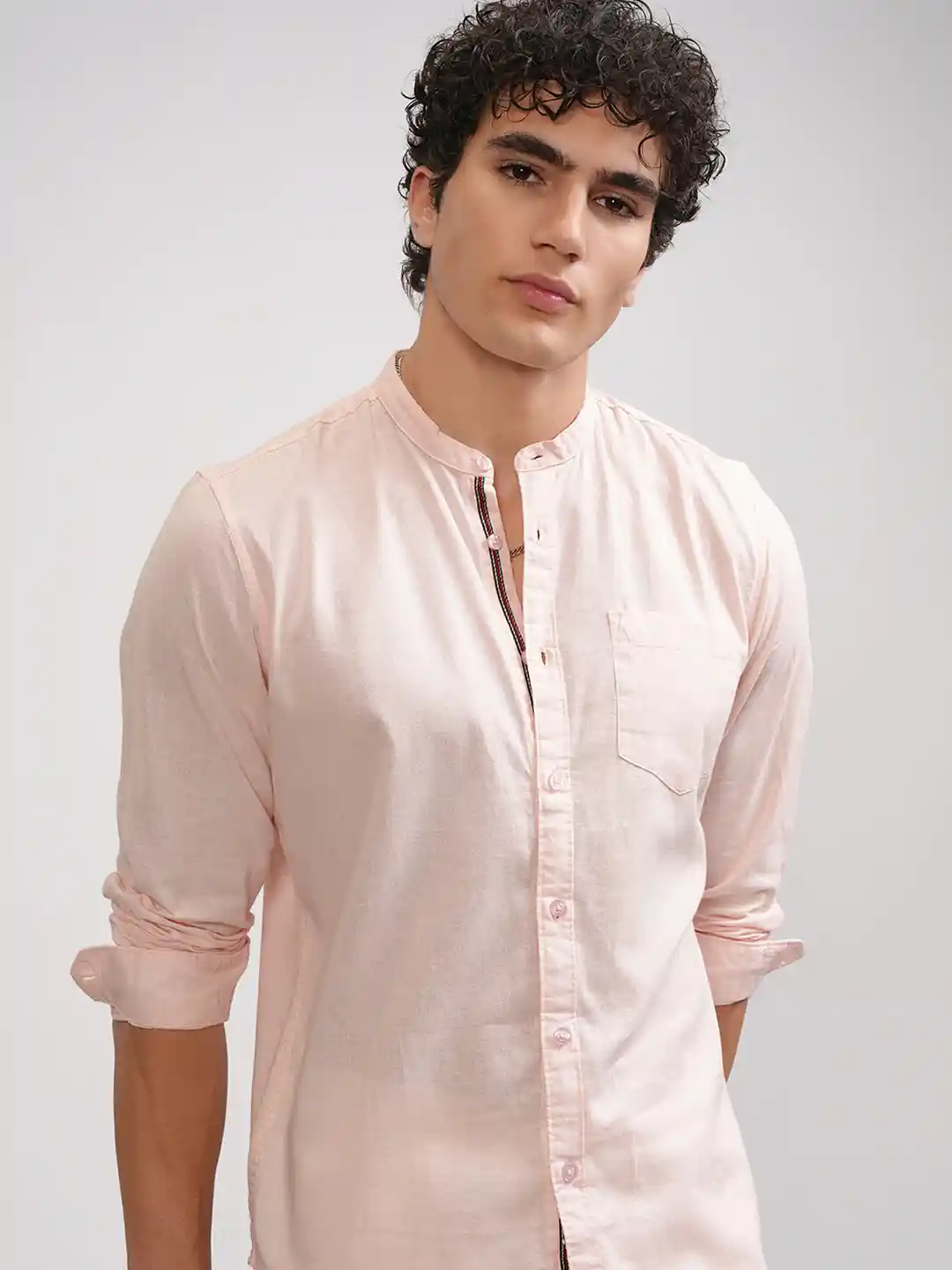 Mandarin Collar Light Pink Casual Shirt Chinese Collar Light Blue