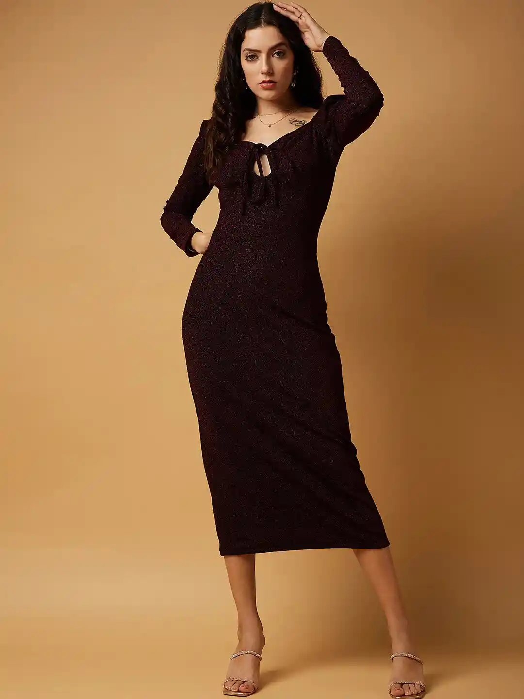 Buy DRAPE AND DAZZLE Tie-Up Neck Long Sleeves Bodycon Midi Dress