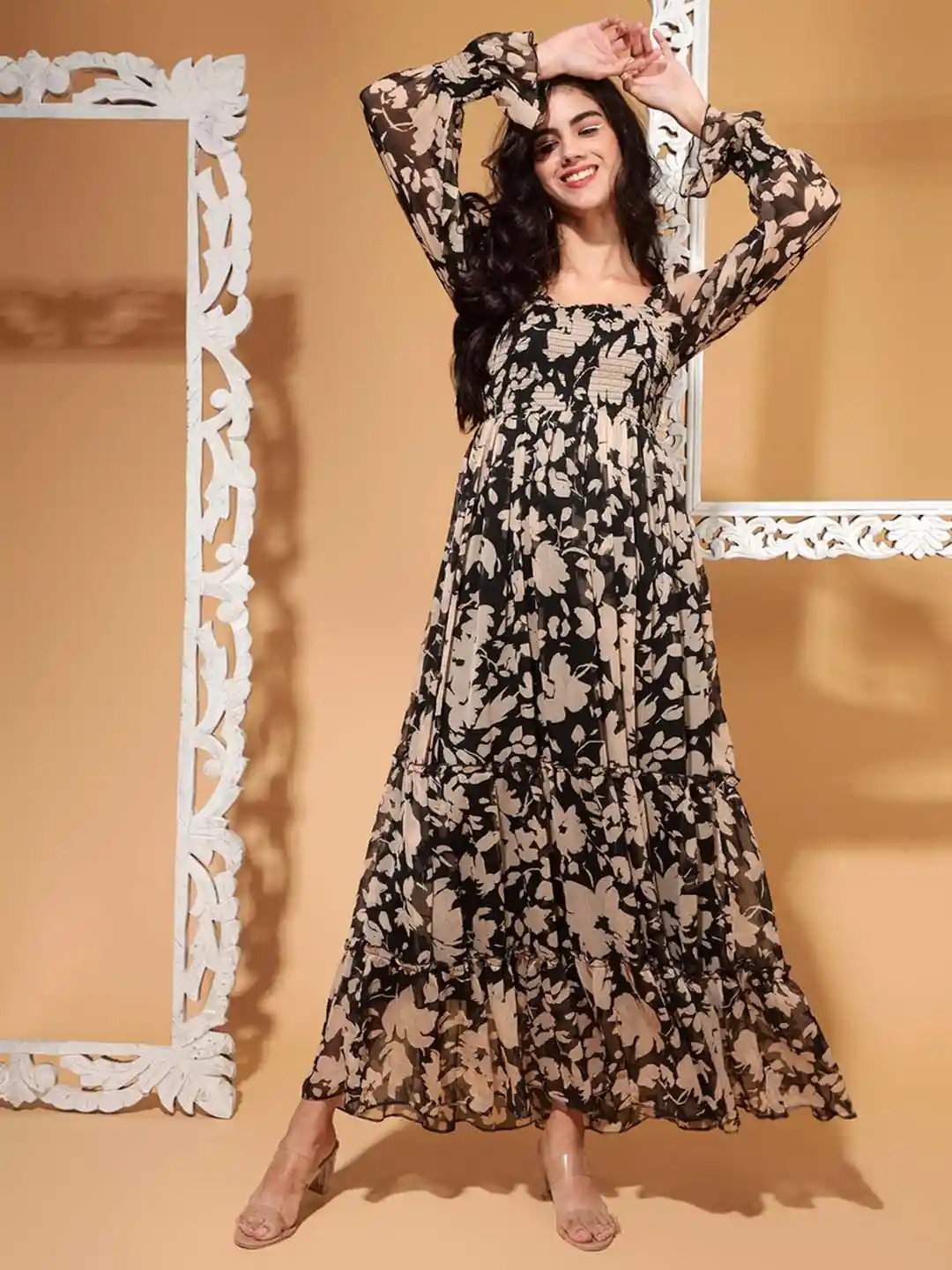 DRAPE AND DAZZLE Floral Print Puff Sleeve Chiffon Fit Flare Dress