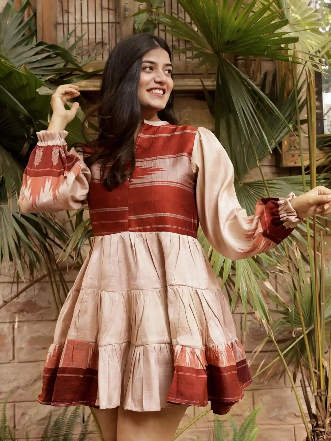 Buy Exotic India Vintage Pure Silk Frill Cameo Rose Dress