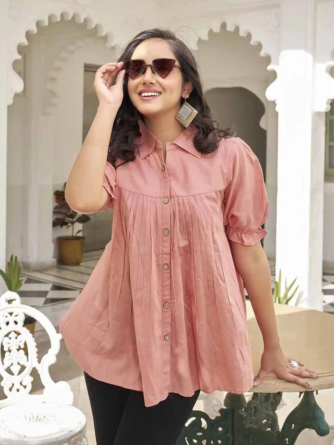 Puretouch Shirt Collar Puff Sleeeves Tunic