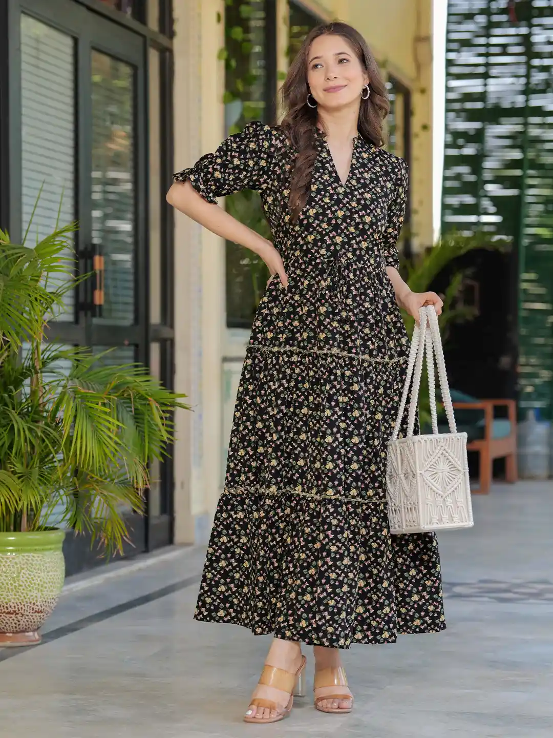 Buy RIITIH Floral Printed V-Neck Short Sleeves Maxi Cotton Dress