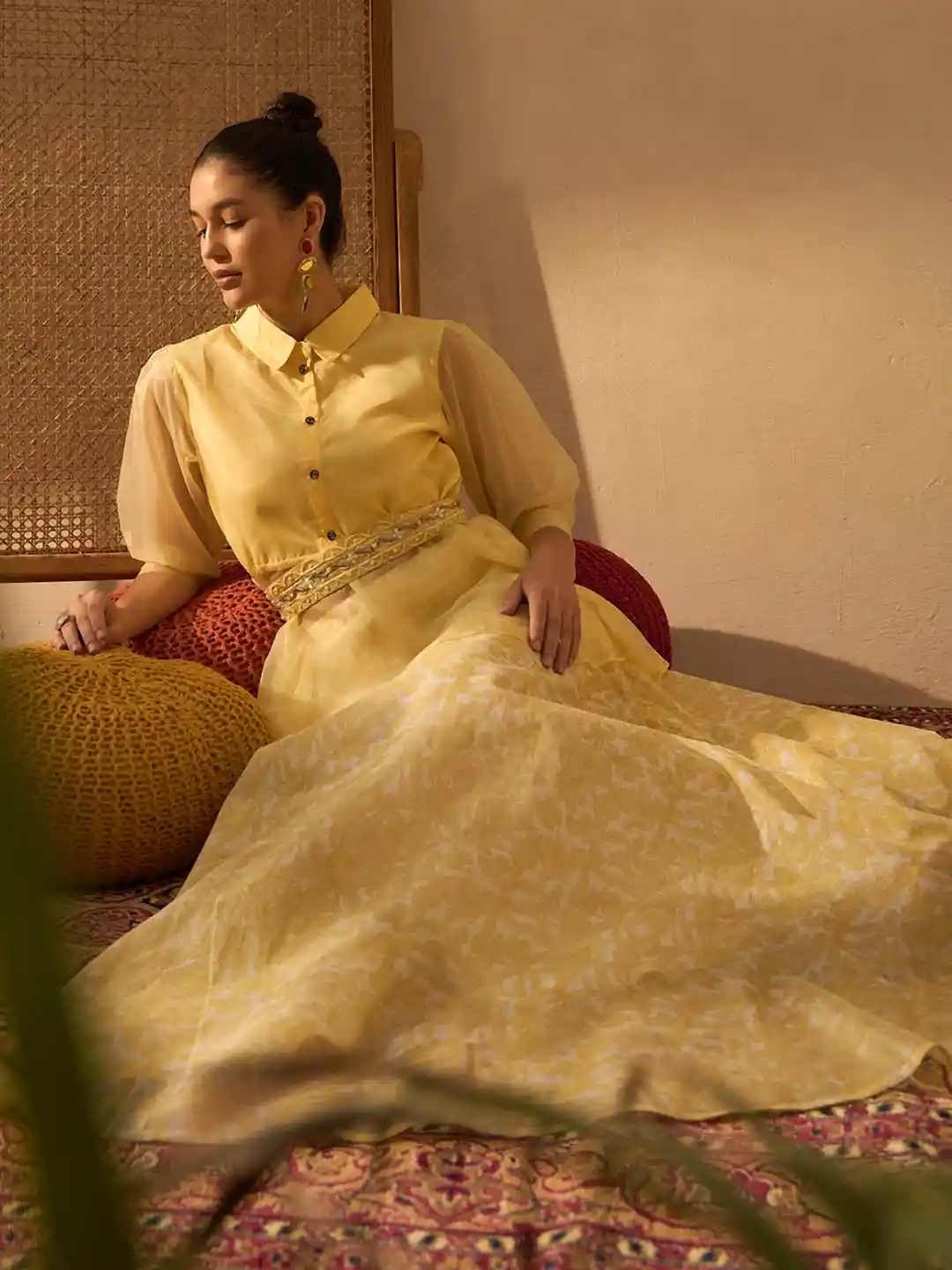 Buy Anouk Yellow Peplum Shirt Collar Top Printed Skirt with Belt