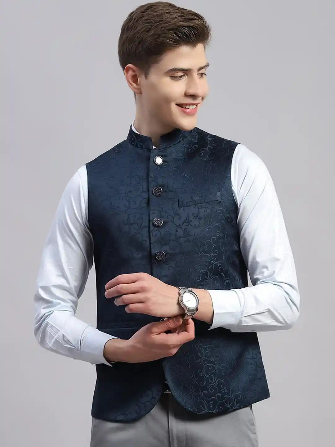 Buy Monte Carlo Embroidered Mandarin Collar Woven Nehru Jackets