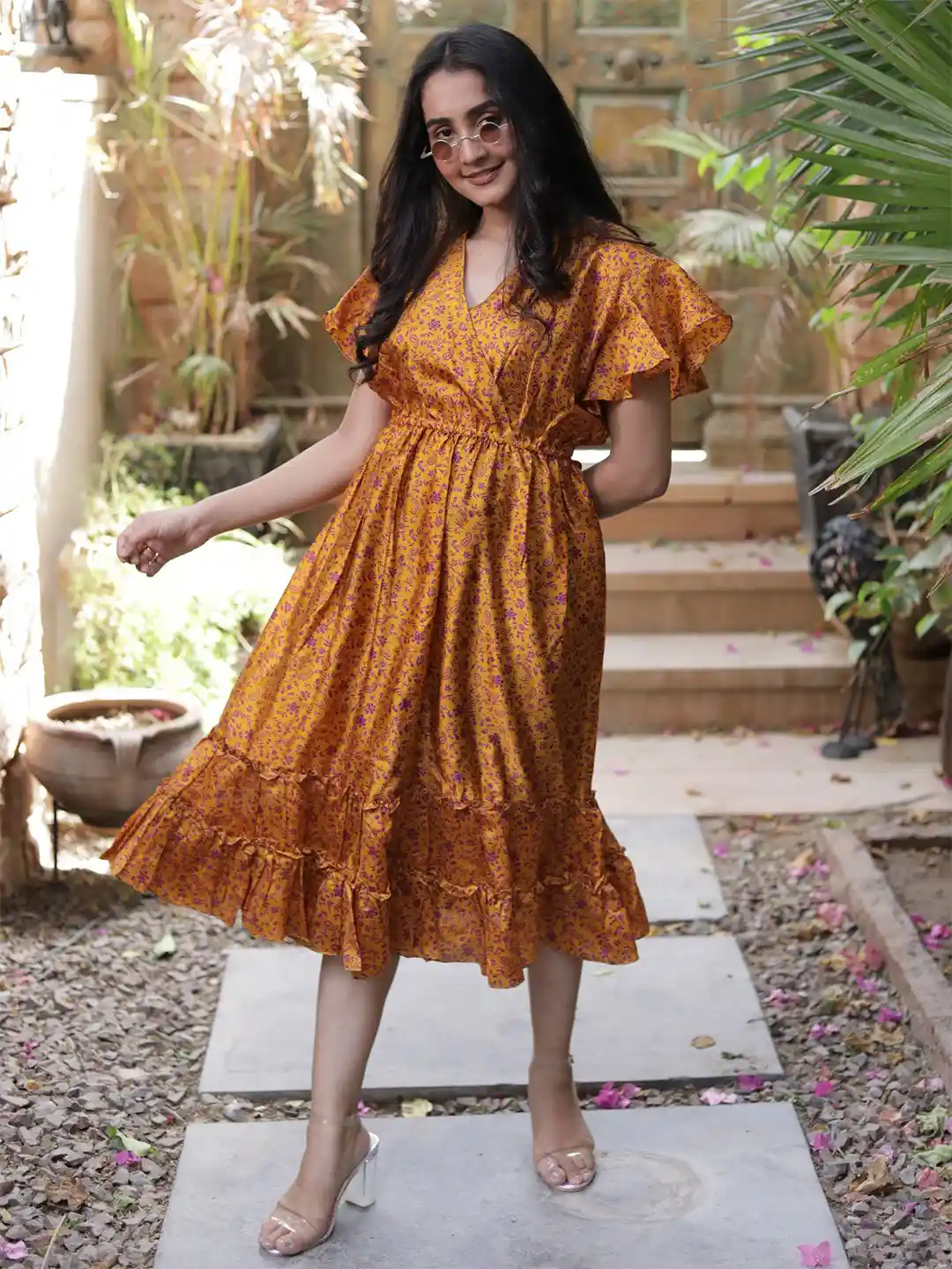 Exotic India Floral Printed Vintage Pure Silk Summer A-Line Dress