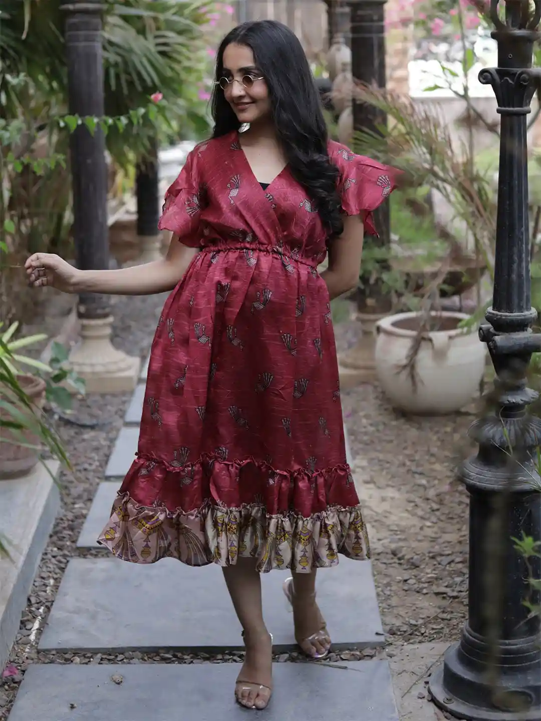 Exotic India Garnet Assorted Vintage Pure Silk Summer Dress - Main Image