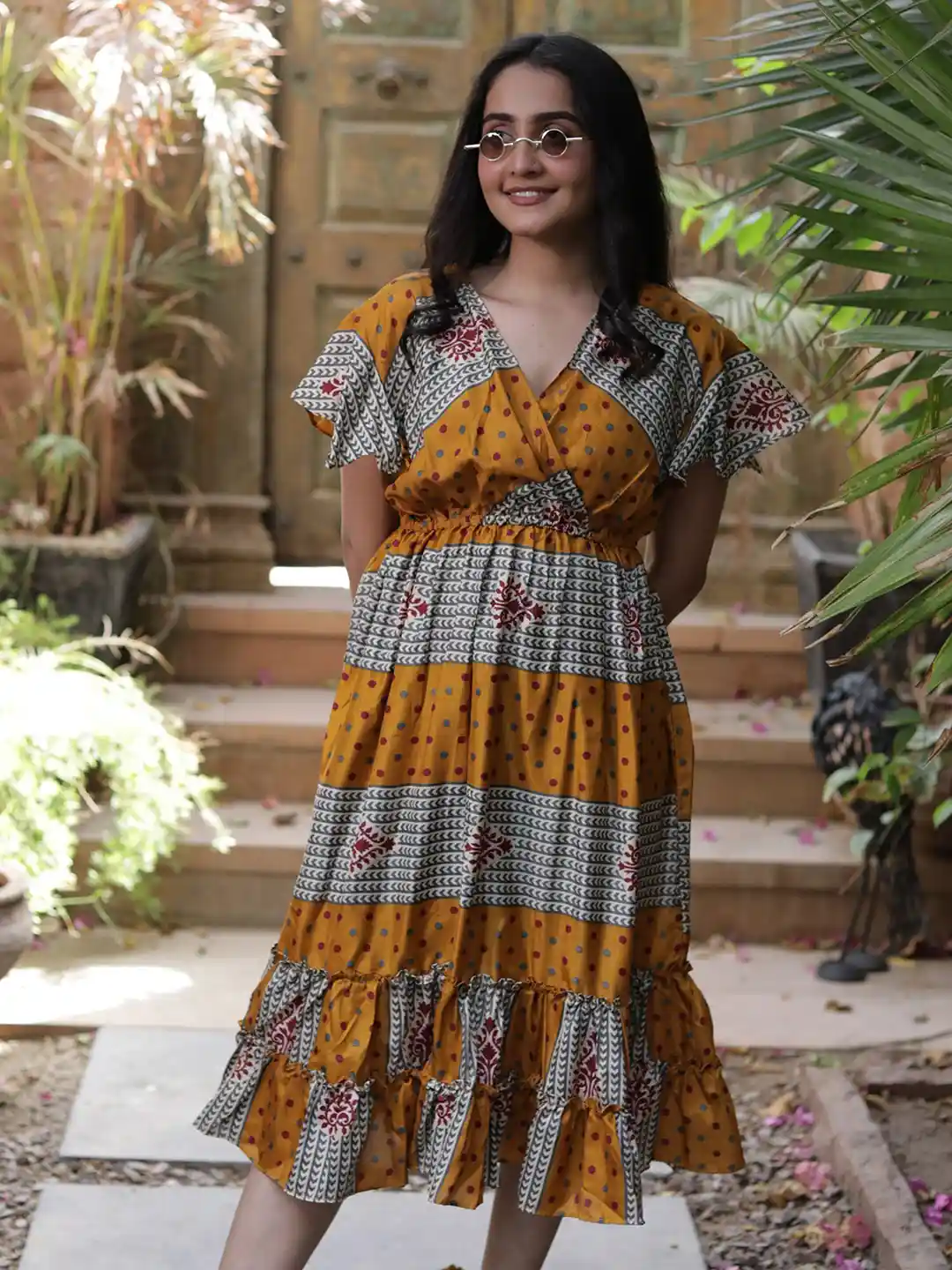 Buy Exotic India Mustard Assorted Vintage Pure Silk Summer Dress - Main Image