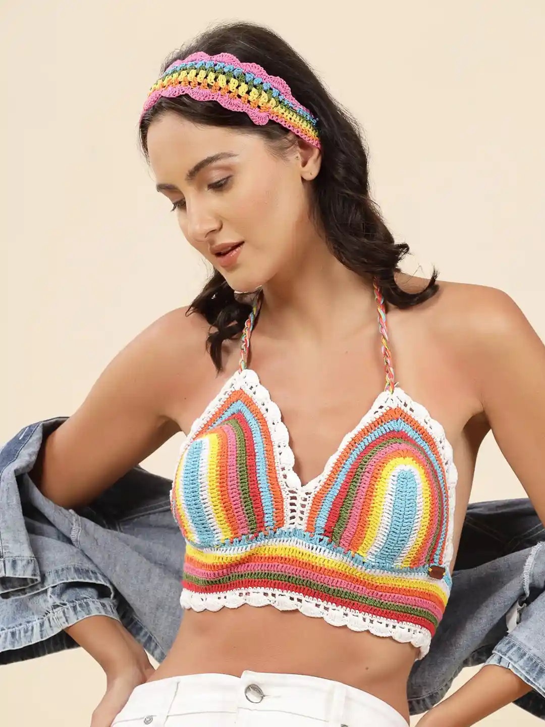 Buy Velvery Striped Halter Neck Cotton Crochet Bralette Crop Top