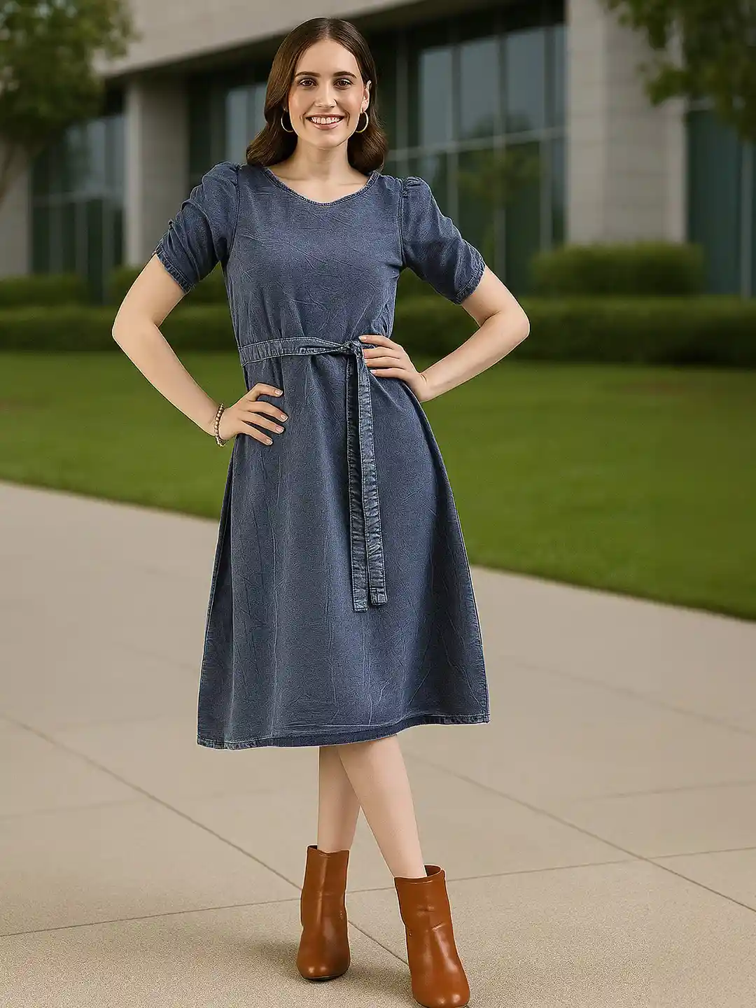 Buy DressBerry Blue Puff Sleeve V-Neck Denim A-Line Dress