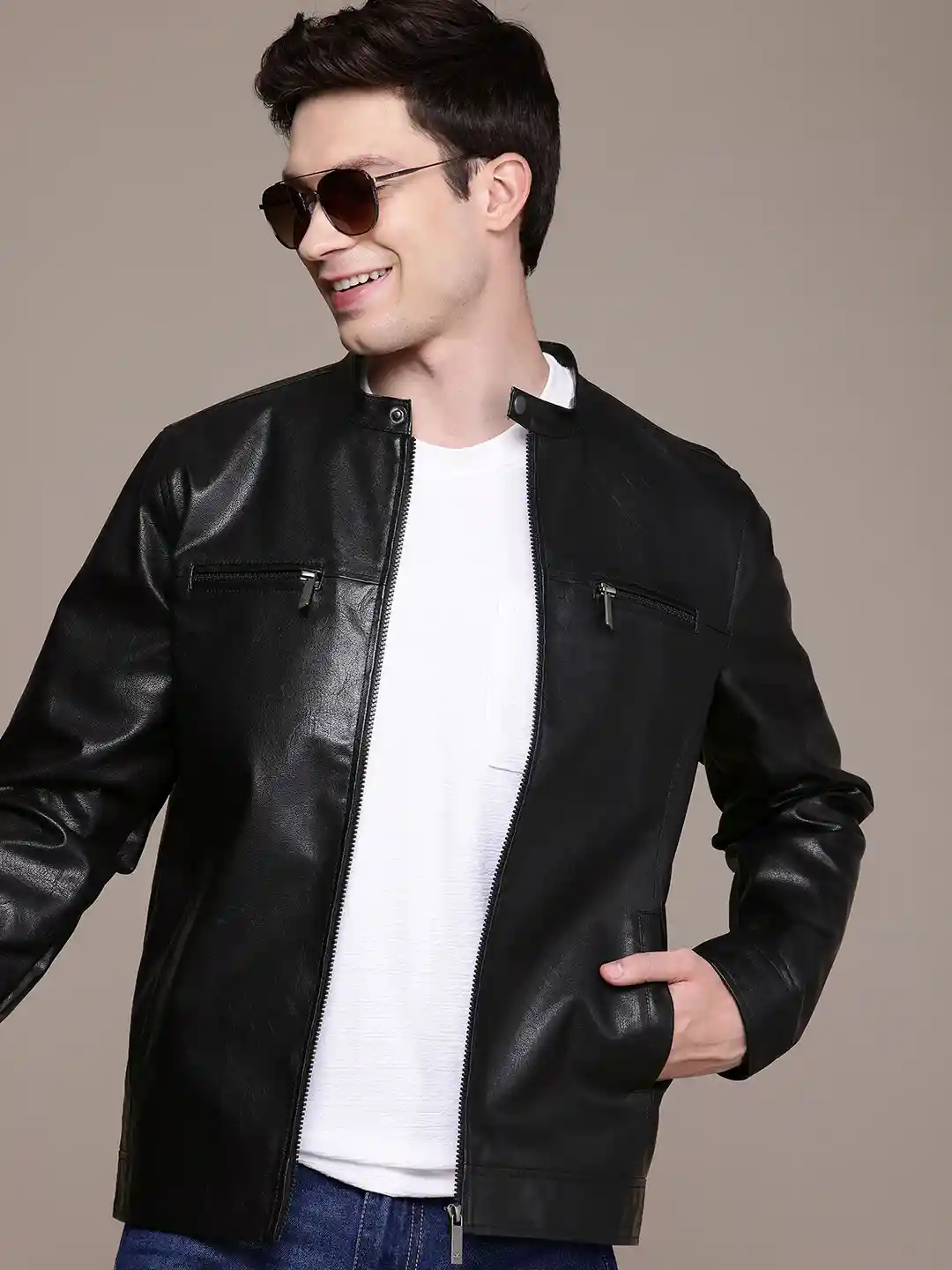 Sunglasses Leather Jacket Moto Style Buy WROGN Band Collar Biker