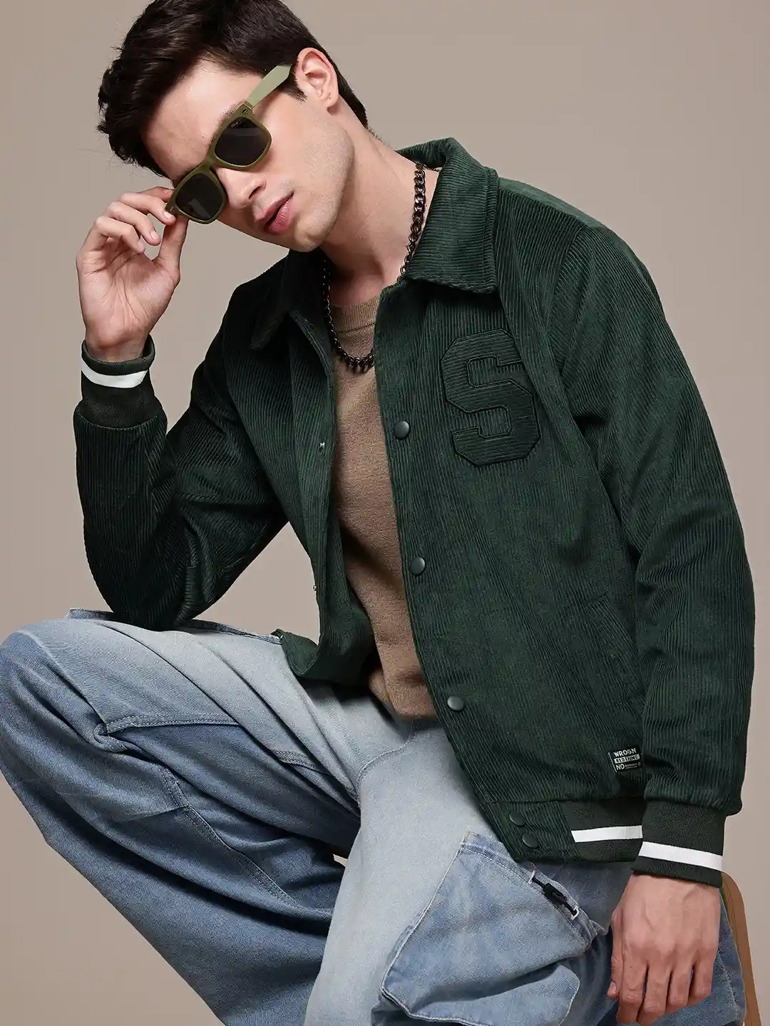 Buy WROGN Cotton Embroidered Detail Corduroy Varsity Jacket