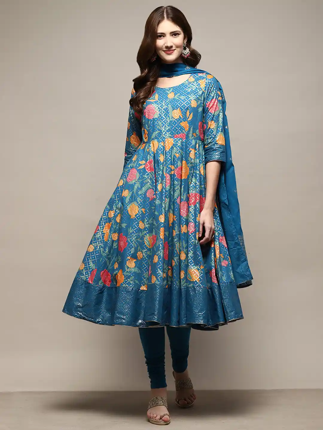 Buy Biba Women Pure Cotton Floral Anarkali Kurta with Churidar