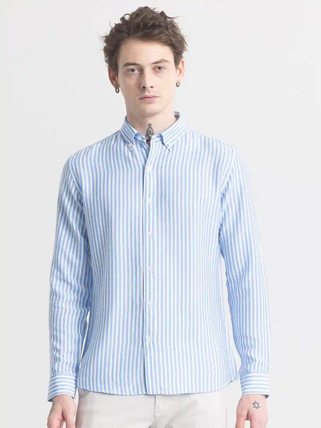 Snitch Blue White Striped Classic Slim Fit Opaque Casual Shirt