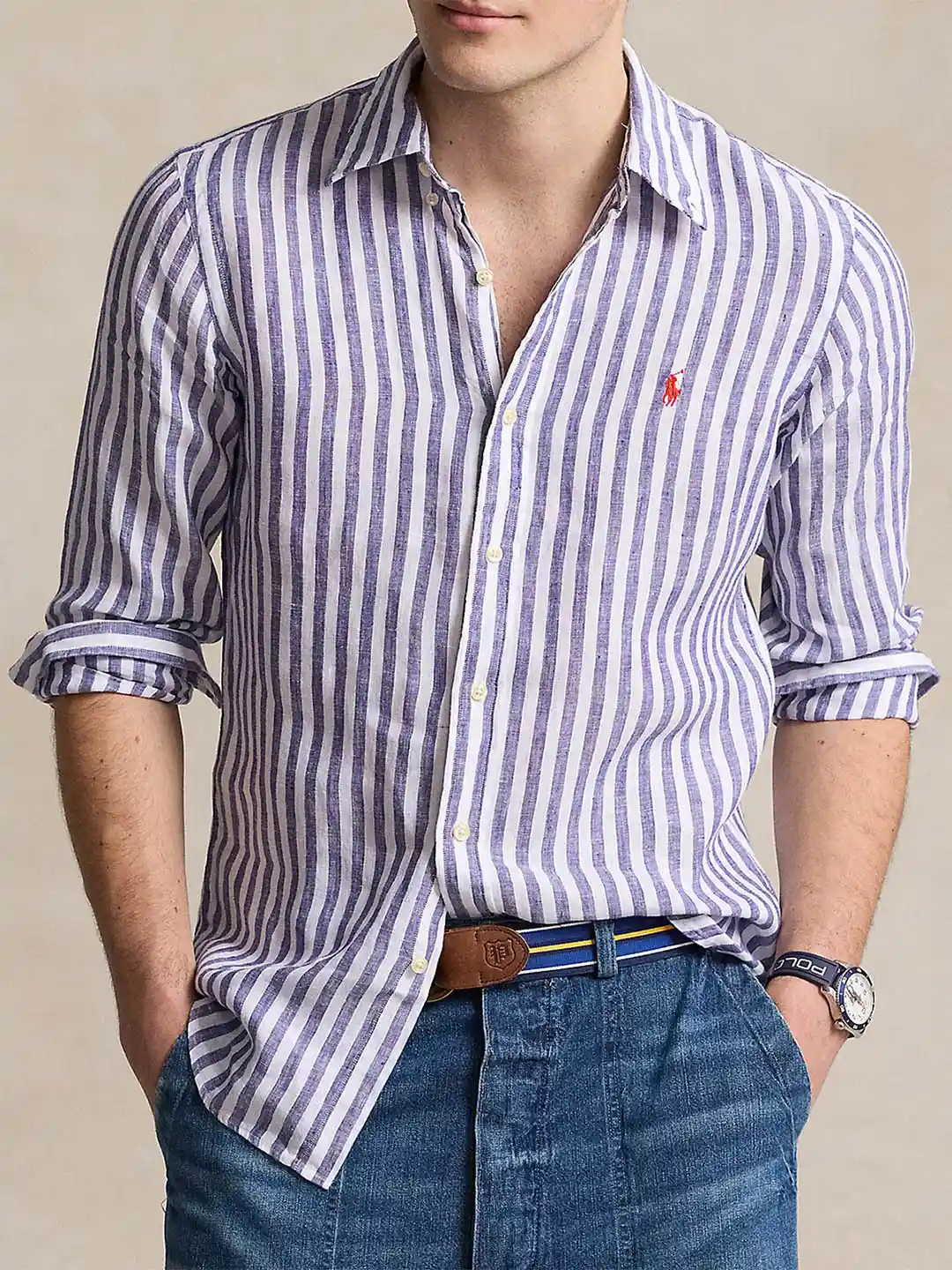 Buy Polo Ralph Lauren Striped Button-Down Collar Linen Custom Fit