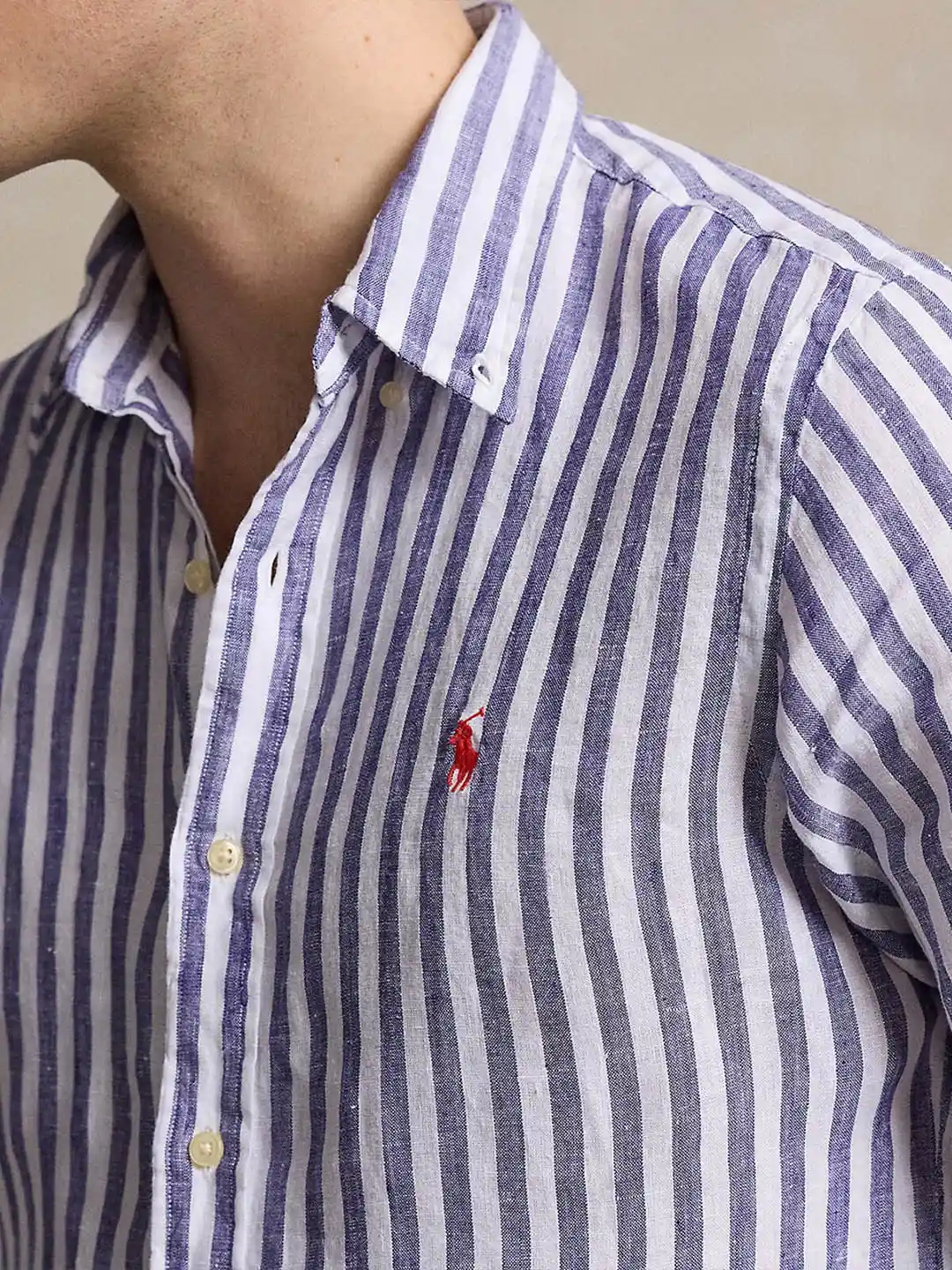 Buy Polo Ralph Lauren Striped Button-Down Collar Linen Custom Fit