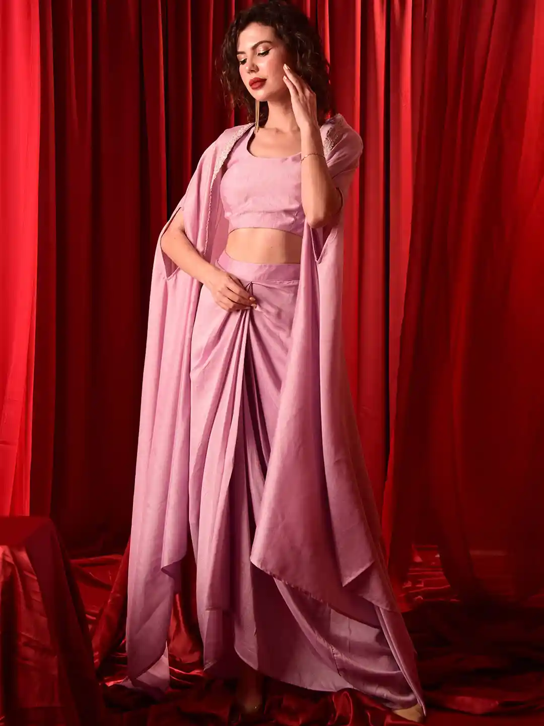 Laalzari Embellished Crop Top With Drape Skirt Shrug Co-Ords