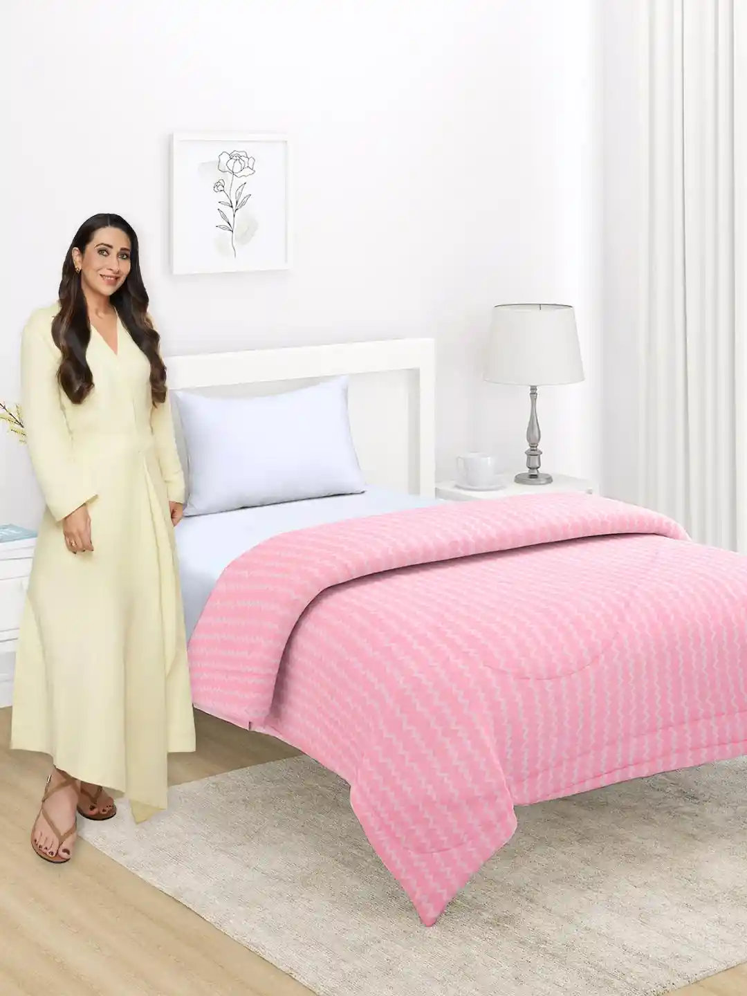 Buy HOKIPO Pink Off White Striped Microfiber AC Room 210 GSM - Main Image