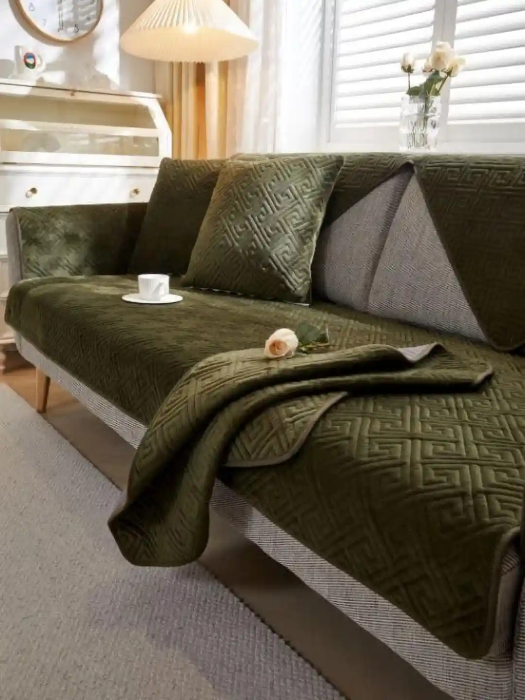 Buy HomeCloud Olive Green Velvet 3-Seater Sofa Cover Mat Sofa