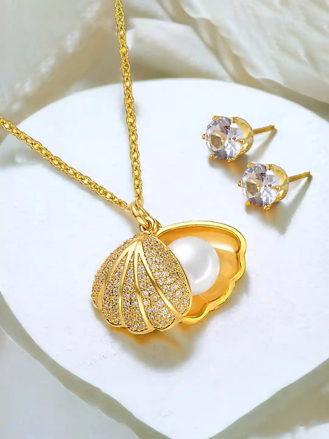 LUCKY JEWELLERY Gold Plated American Diamond Pendant Chain With Earrings - Main Image