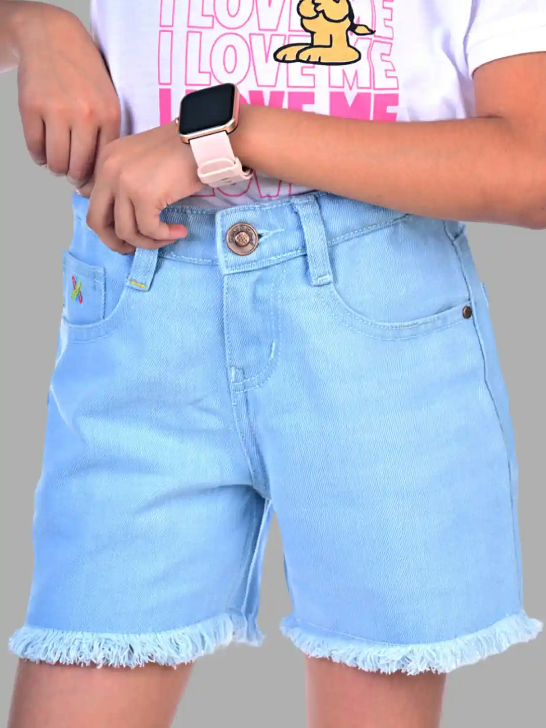 Knit N Knot Girls Light Blue Mid-Rise Raw Edge Cotton Casual Denim Shorts