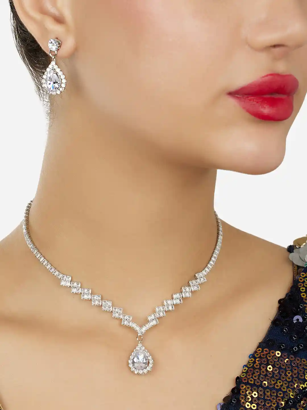 Buy Zaveri Pearls Silver-Plated Austrian Diamonds-Stones Studded