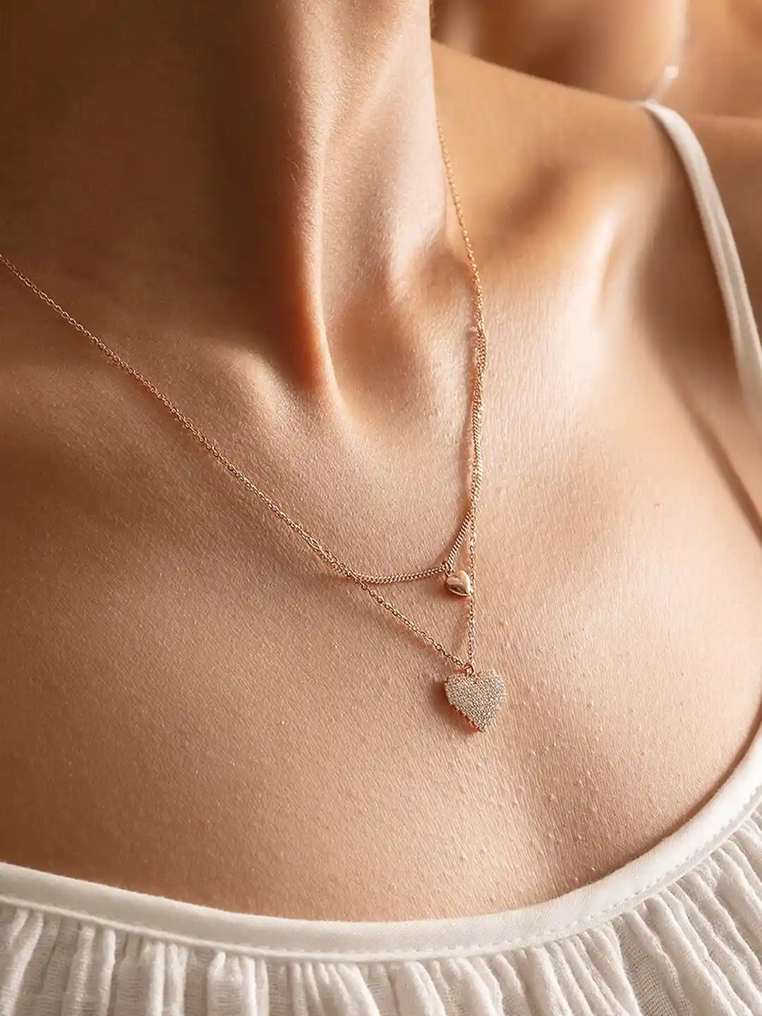 Nistra Sterling Silver Rose Gold-Plated Cubic Zirconia Studded Layered  Necklace