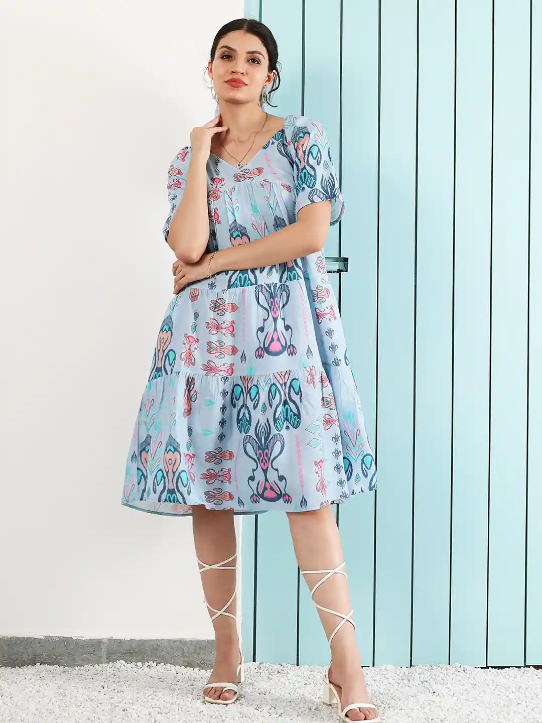 Boho By Athena bohemian Floral Print Puff-Sleeves Layered Fit Flare Dress - Main Image