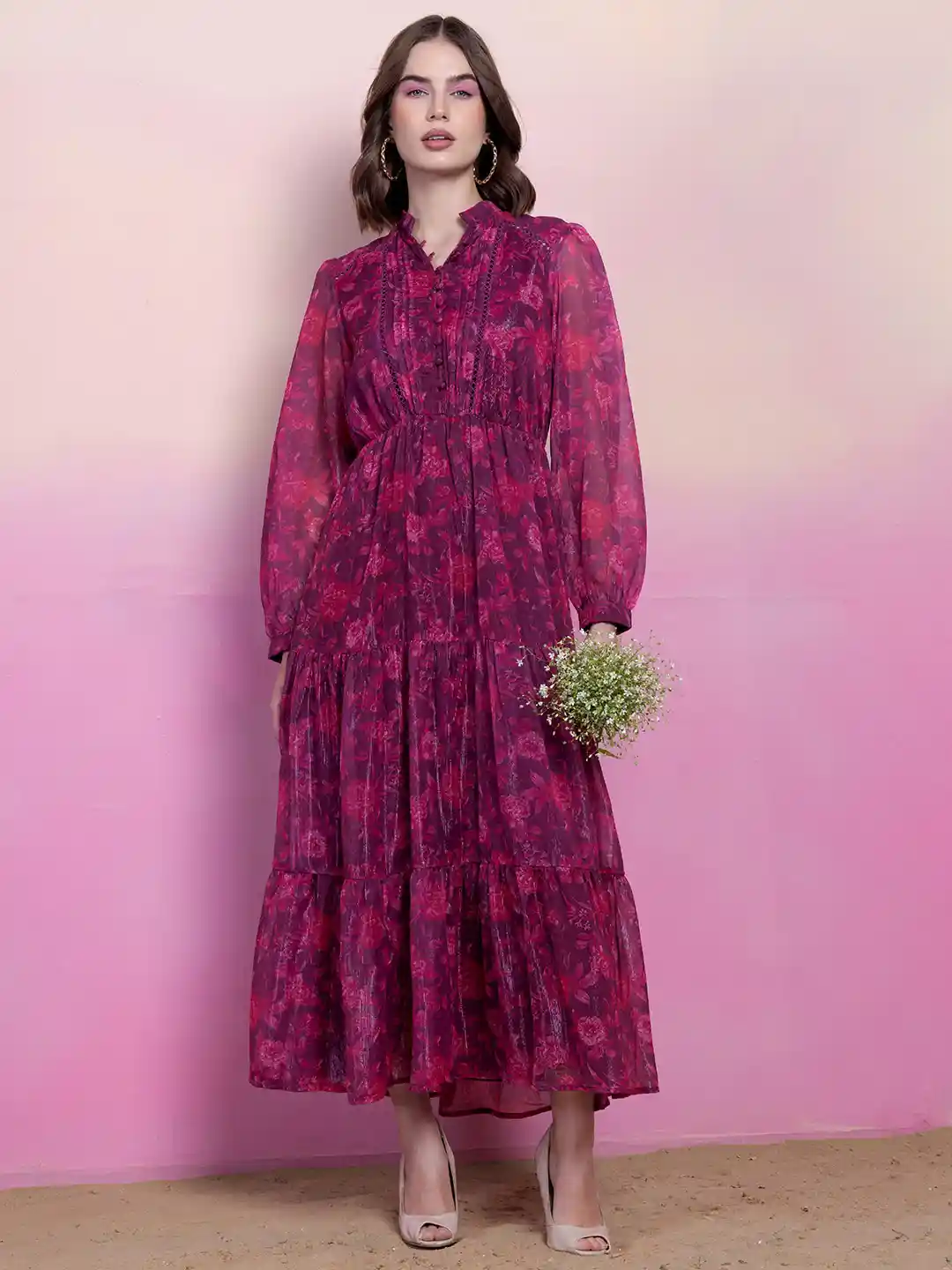 Buy FabAlley Pink Floral Printed Puff Sleeves Georgette Maxi Dress