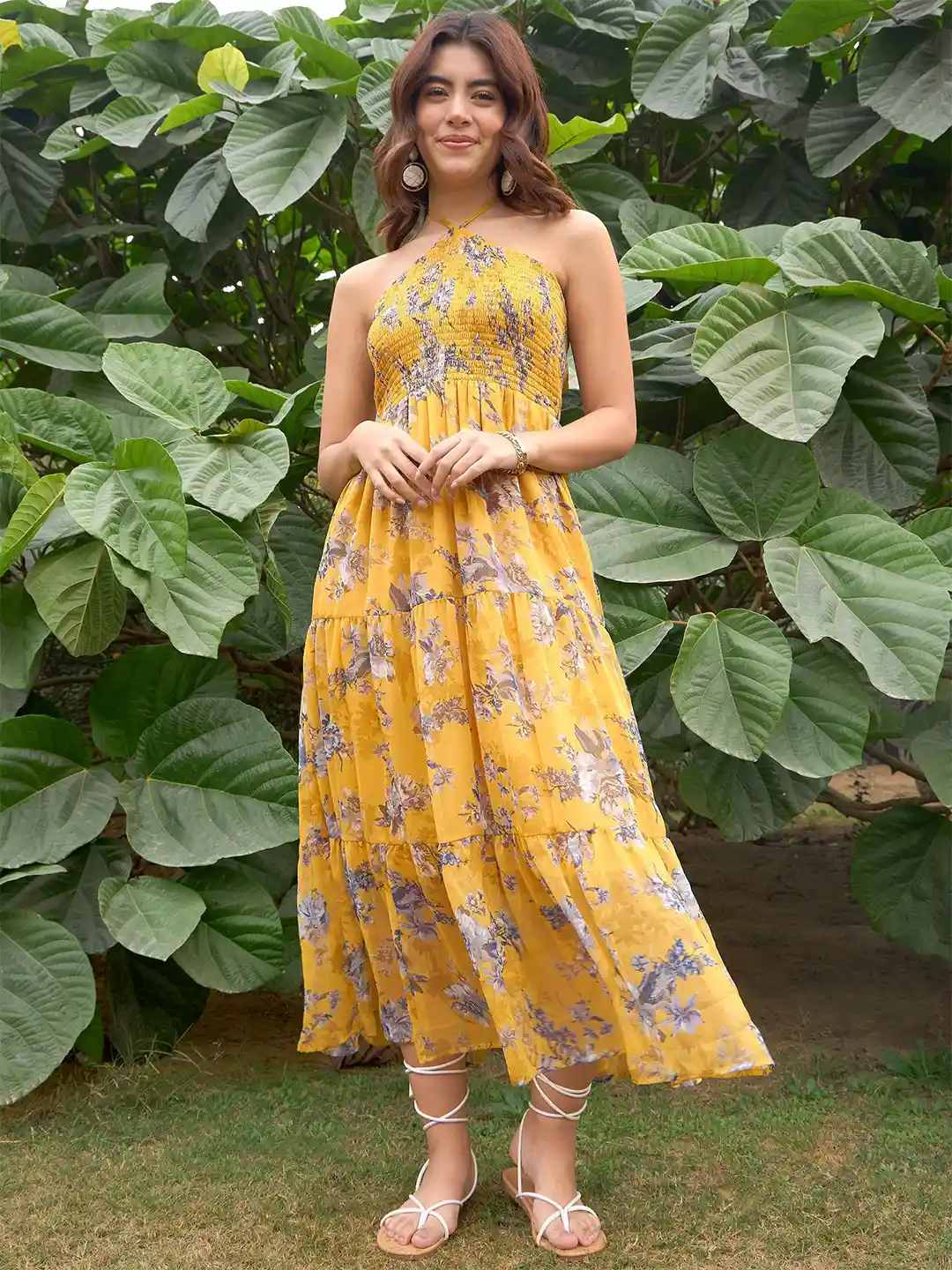 Halter Neck Yellow Floral Print Maxi Dress RARE Floral Printed - Main Image