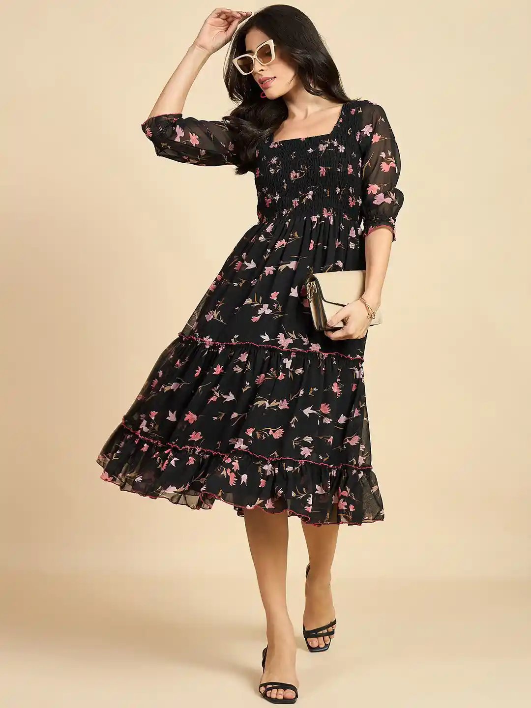 Buy Azira Floral Print Puff Sleeve Georgette Fit Flare Midi