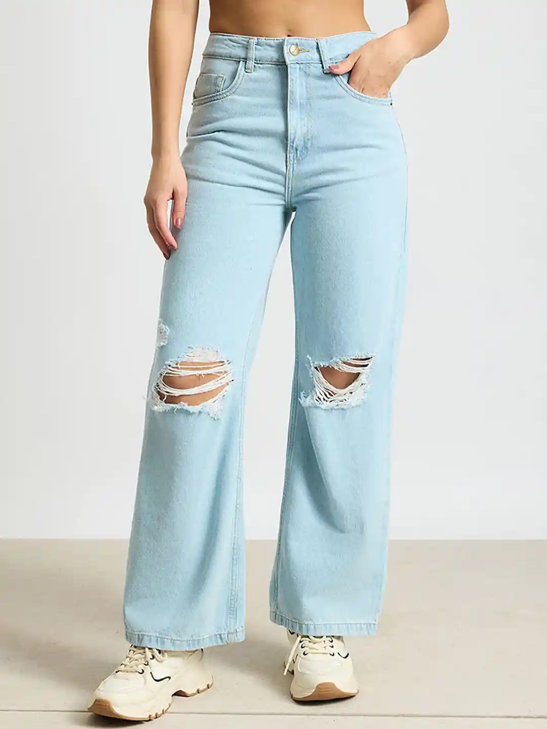 FREAKINS Women Blue Wide Leg Mid-Rise Highly Distressed Light Fade Cotton  Ripped Jeans