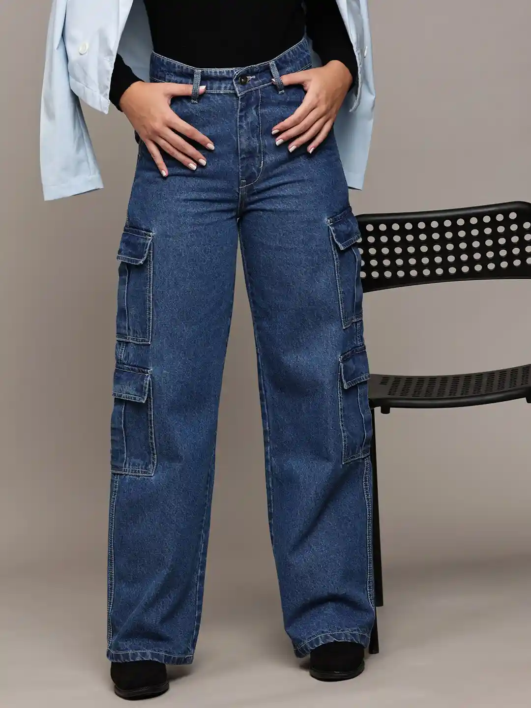 The Roadster Lifestyle Blue Women Original Wide-Leg Acid Wash Pure  Cotton Cargo Jeans
