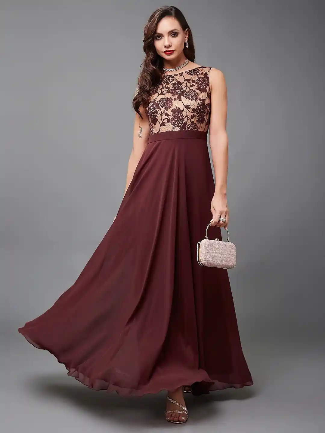 Buy Miss Chase Round Neck Georgette Maxi Partywear Dress Dresses