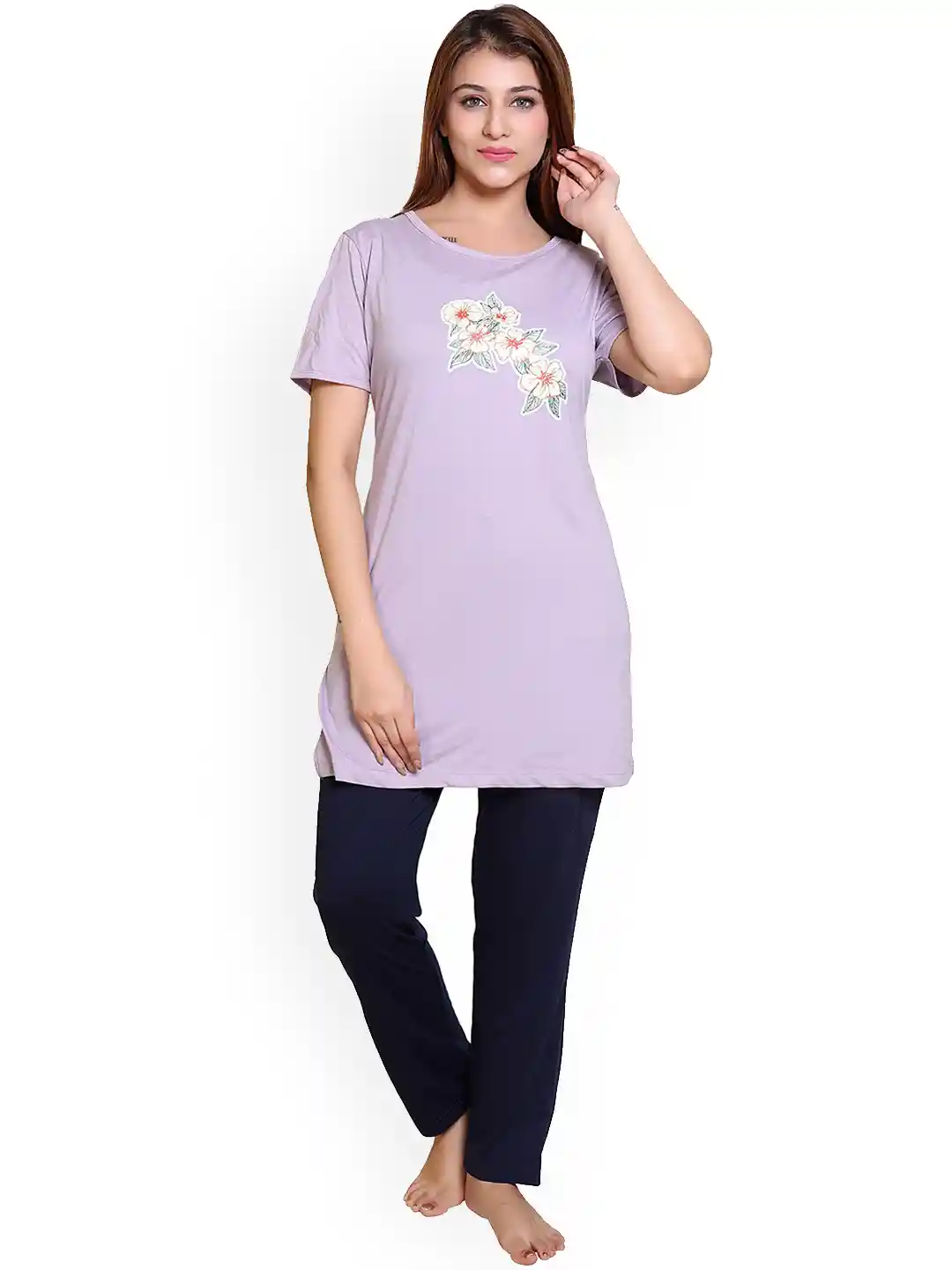 Buy MAZMUN Round Neck T-shirt With Pyjamas Night suits for Women
