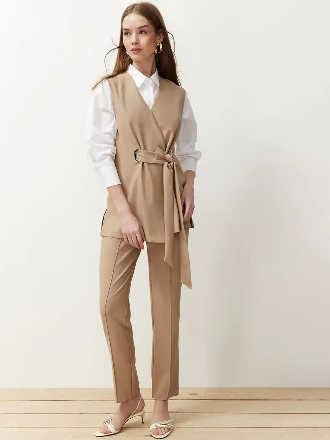 Buy Trendyol V-Neck Tie-Up Detailed Casual Coat With Trousers Co