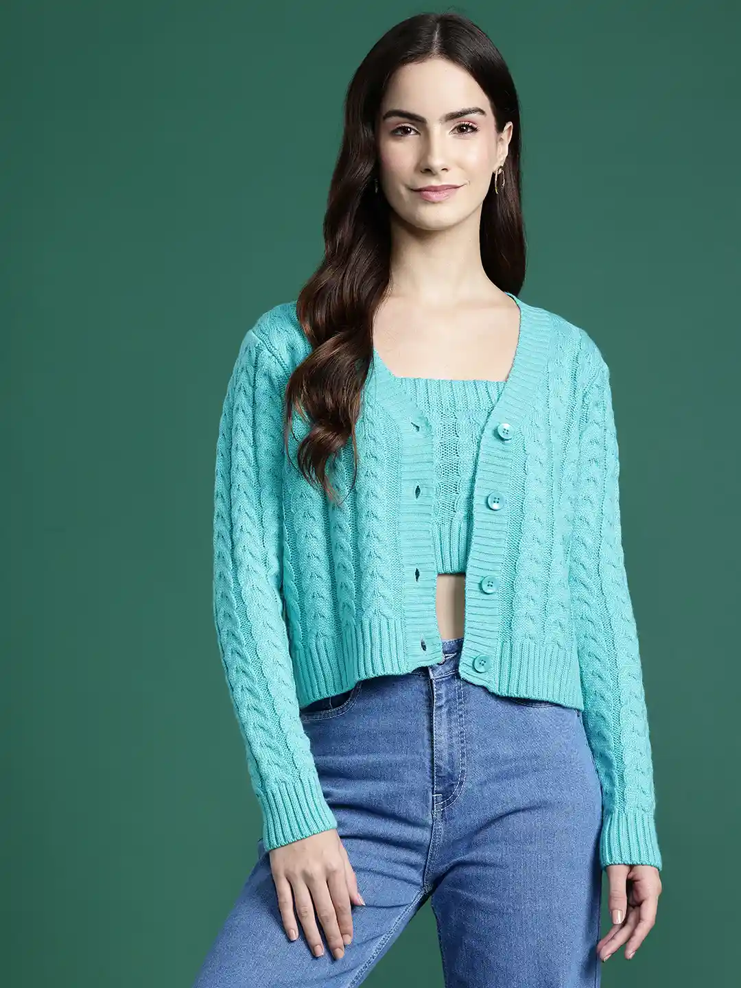 Buy DressBerry Cable Knit Cardigan with Knitted Inner Crop Top