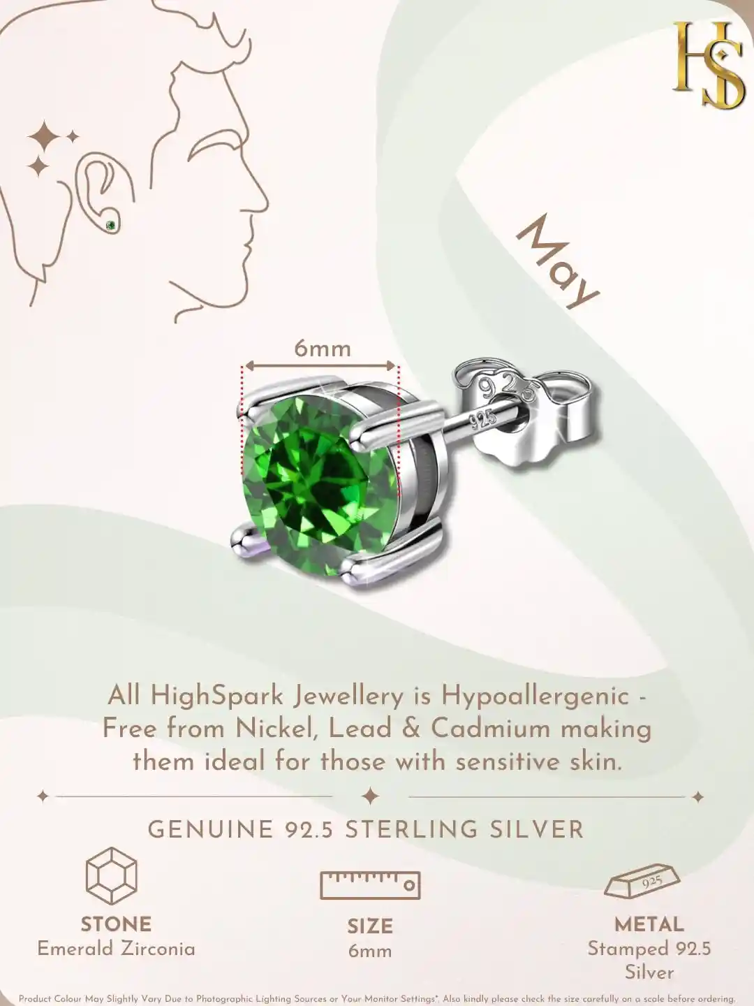 Buy HighSpark Men Silver Sterling Emerald Square Stud Earring
