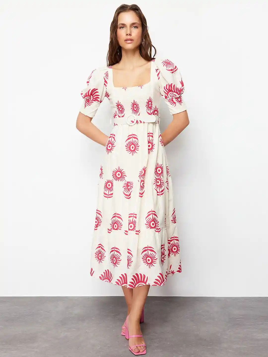Trendyol Floral Printed Square Neck Puff Sleeves A-Line Midi Dress