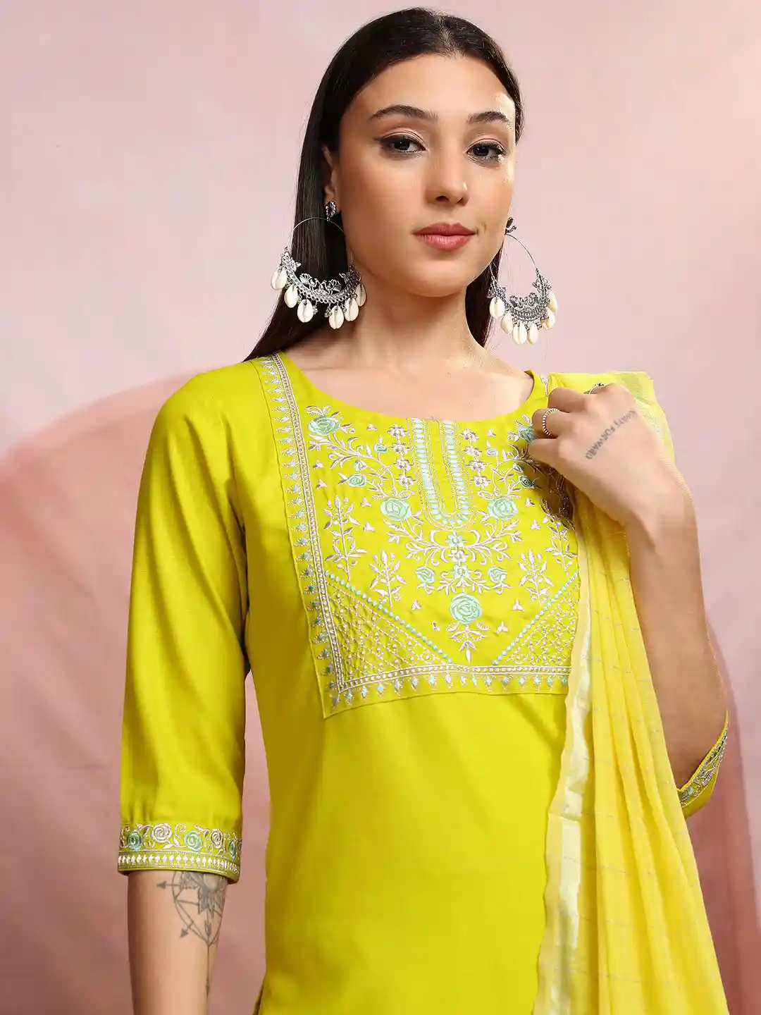 Buy Vishudh Lime Green Floral Yoke Design Thread Work Straight - Main Image