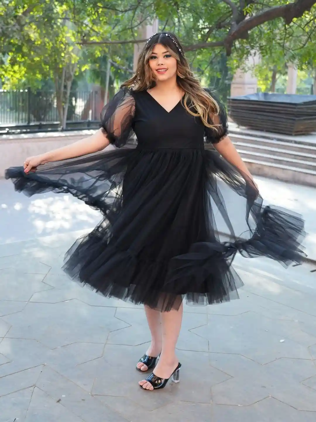 Swadeshi Shringaar Plus Size Puff Sleeves Empire Net Midi Dress