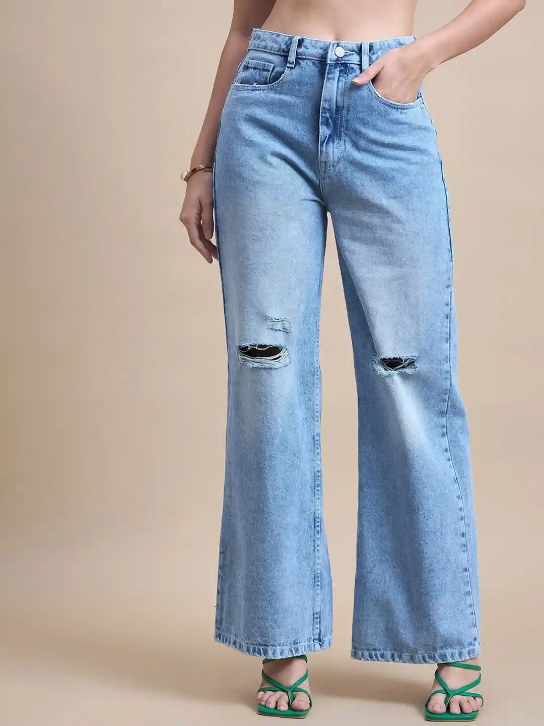 The Roadster Lifestyle Women Blue Wide Leg Light Fade Ripped Classic  Cotton Jeans