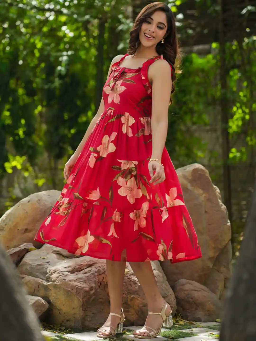 Rain Rainbow Floral Printed Shoulder Straps Pure Cotton Fit Flared Midi  Dresses