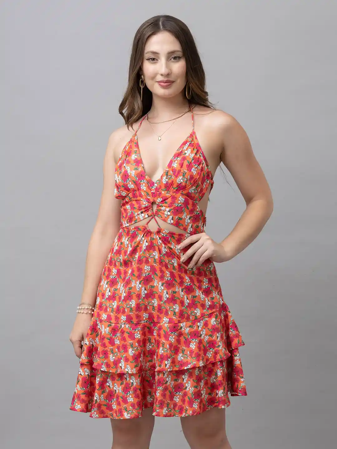 Buy HAUTEQUE Floral Print Halter Neck Cut-Outs Fit Flare Dress - Main Image
