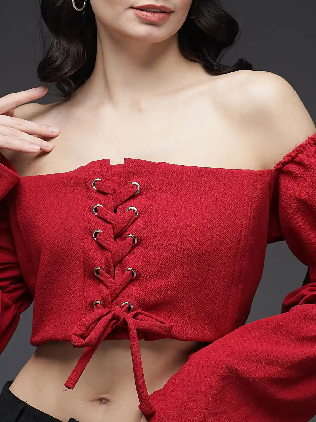 TANDUL Off-Shoulder Lace-Up Bell Sleeve Bardot Crop Top