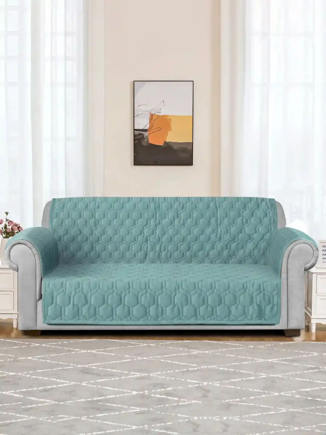 Buy eyda Sea Green Honey Comb Quilted Velvet Seater Anti Skid