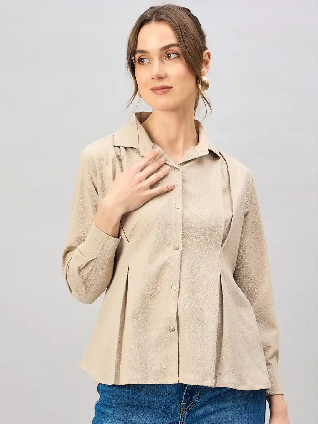 Buy The Roadster Lifestyle Beige Spread Collar Long Sleeves