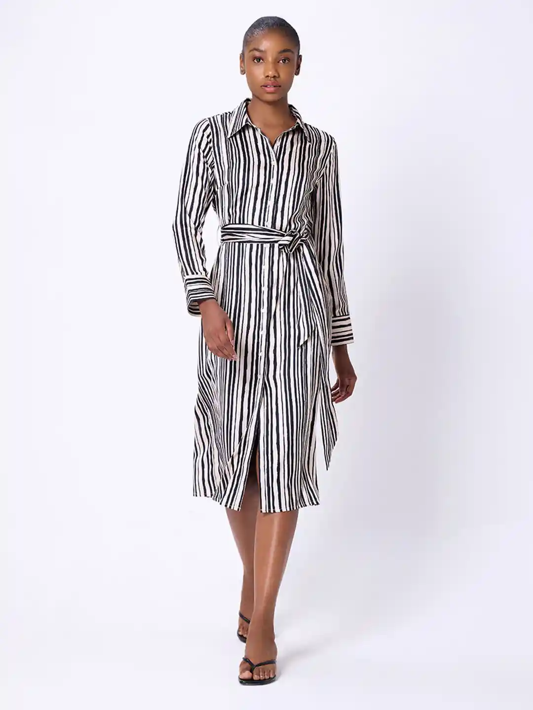 Buy COVER STORY Ivory Striped Long Sleeves Satin Shirt Midi Dress