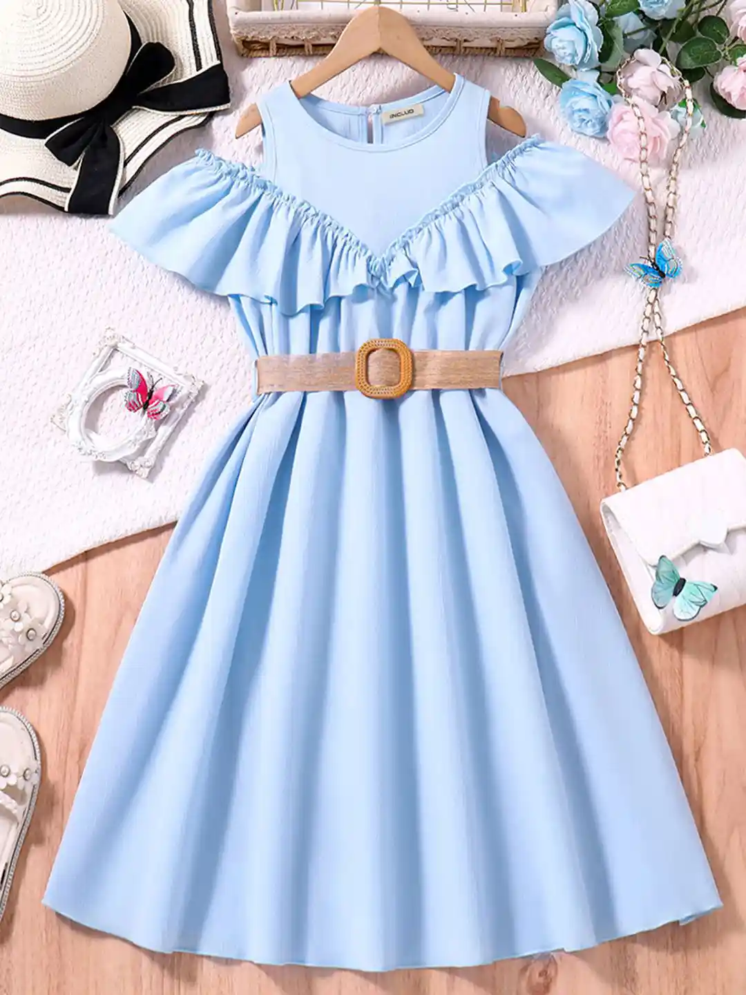 INCLUD Girls Cold-Shoulder Sleeve Fit Flare Dress